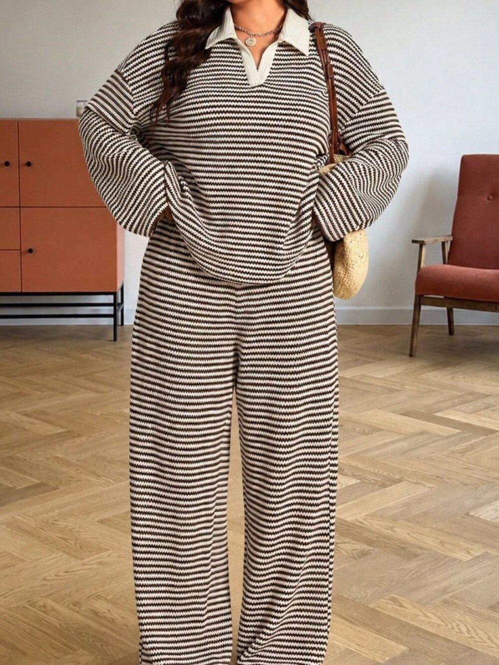 Multicolor Casual Women's Striped Long Sleeve Top And Wide Leg Pants Set